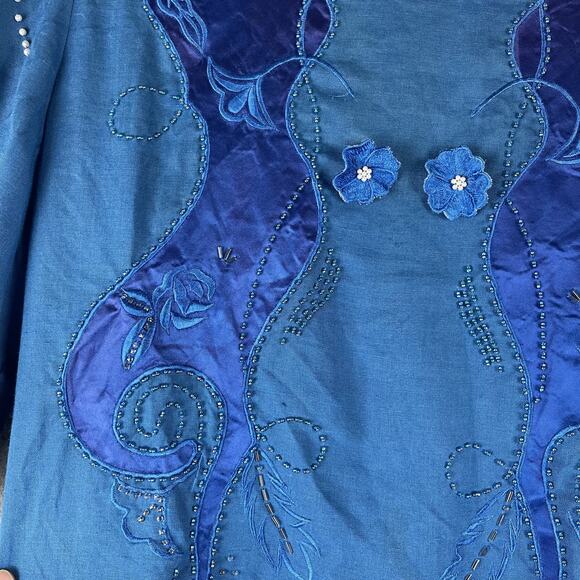 Vintage Bellino Paris Mode Top Womens 14 Blue Ramie Embroidered Beaded Applique - Picture 7 of 14